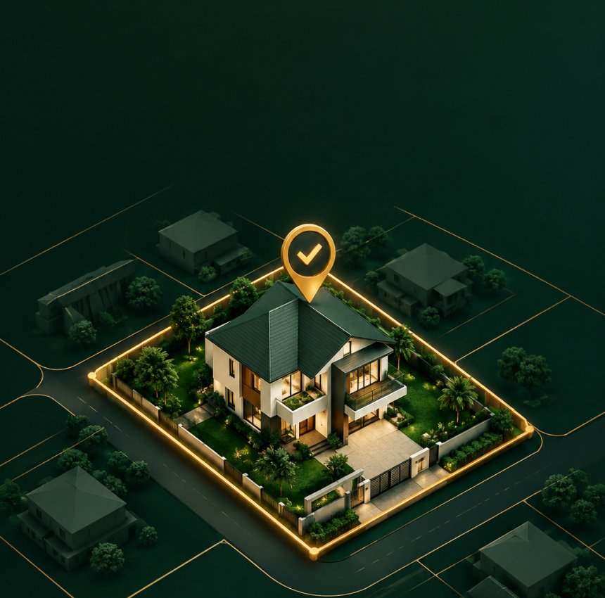 A verified family home on its plot, outlined in gold